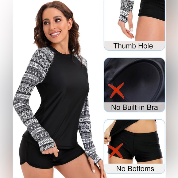 NWT Women’s Black and White Long Sleeve UV Protection Rash Guard Swim Top - Picture 3 of 15